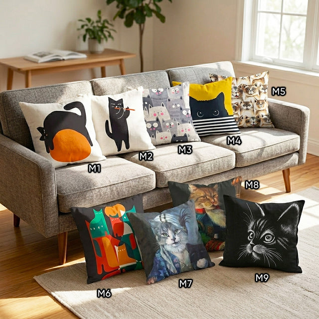 Artistic Cat Illustration Chenille Cushion Cover - 9 Unique Designs