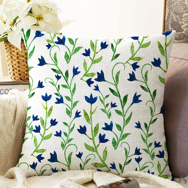 Blue Floral Cushion Cover with Green Leaves