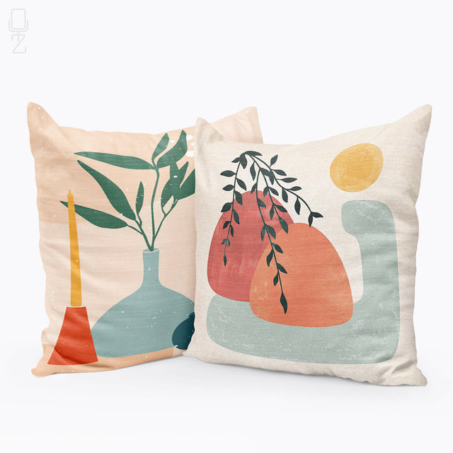 Set of 2 Minimalist Cushion Covers with Leaves & Vases