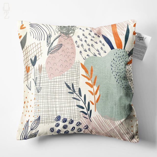 Abstract Leaves Cushion Cover with Green, Orange & Ivory Colours