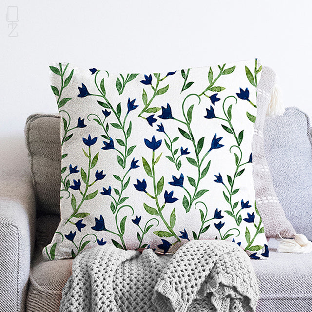 Blue Floral Cushion Cover with Green Leaves