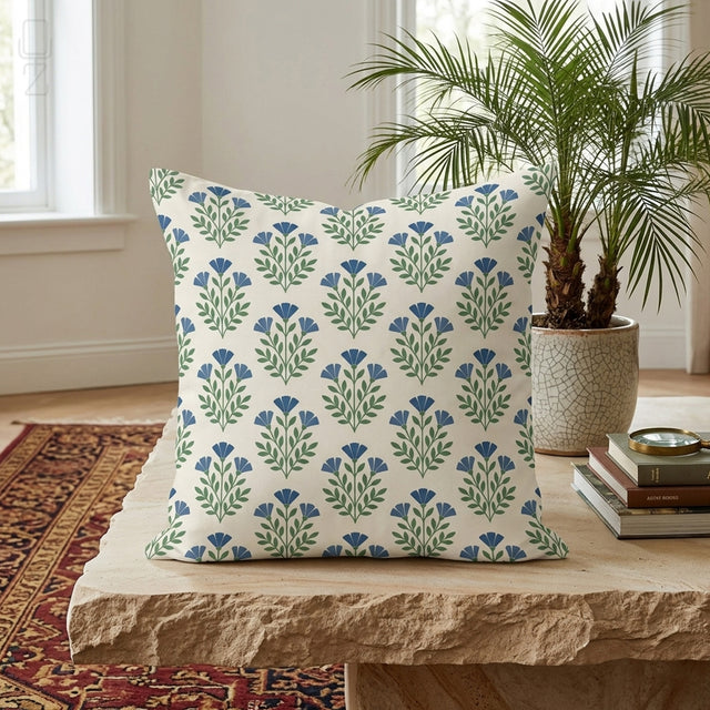 Blue Floral Block Print Soft Cushion Cover