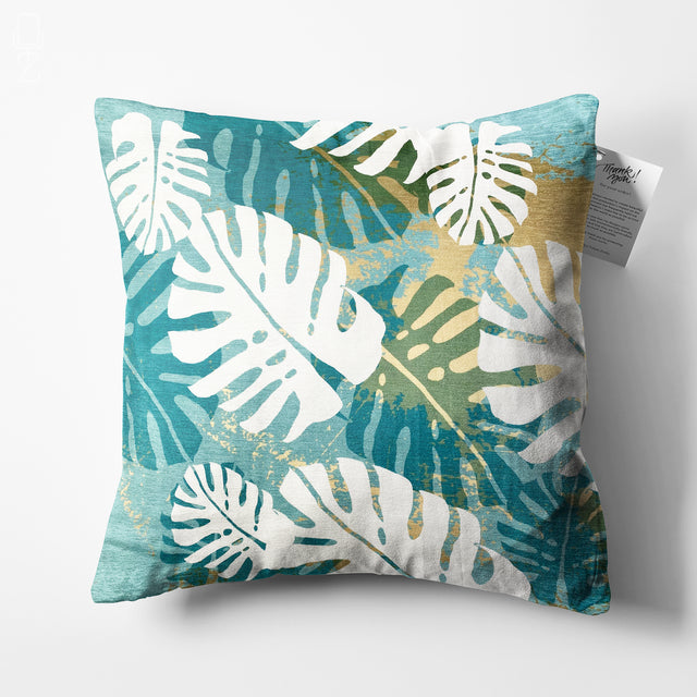 White Tropical Leaves on the Green Cushion Cover