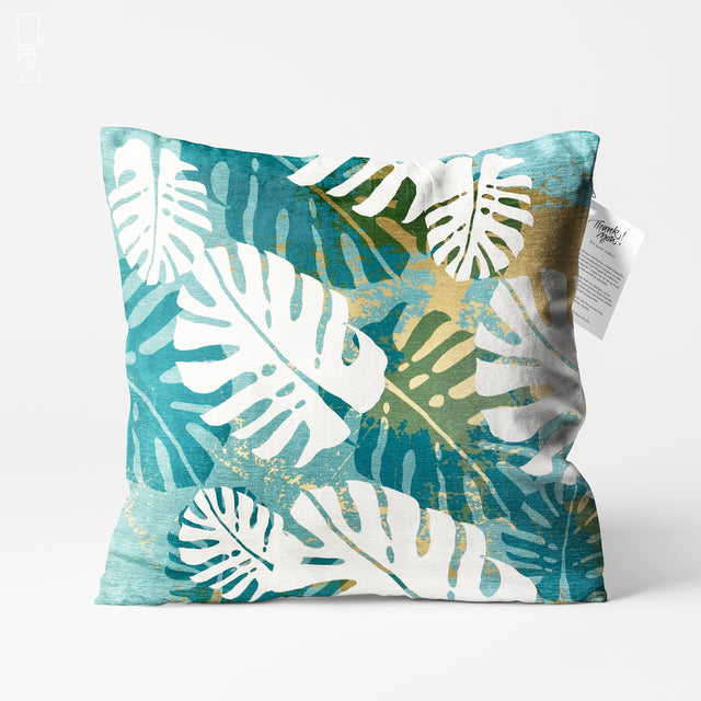 White Tropical Leaves on the Green Cushion Cover