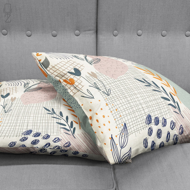 Abstract Leaves Cushion Cover with Green, Orange & Ivory Colours