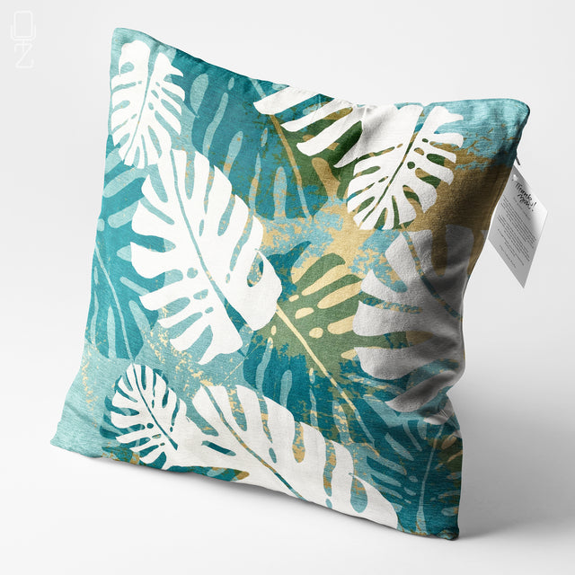 White Tropical Leaves on the Green Cushion Cover