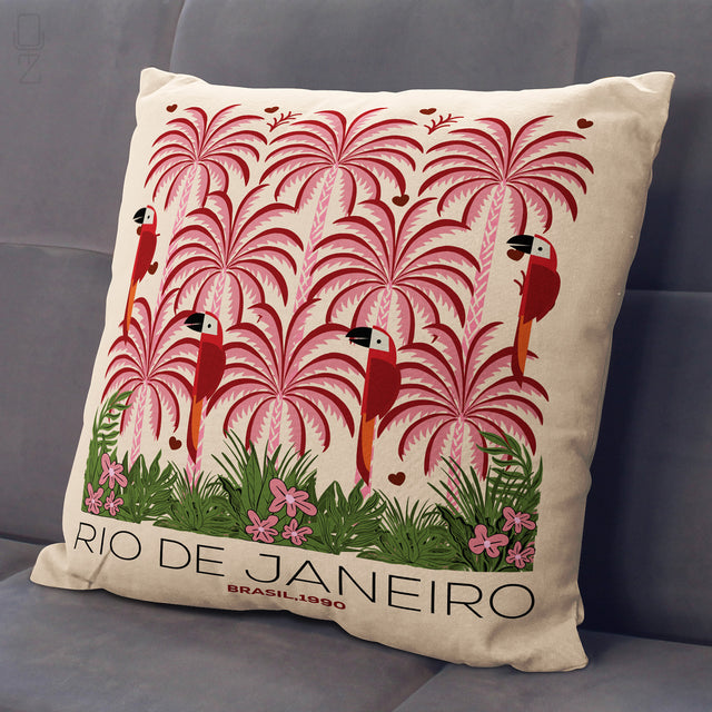 Rio de Janeiro Tropical Cushion Cover – Pink Palm & Parrot Art