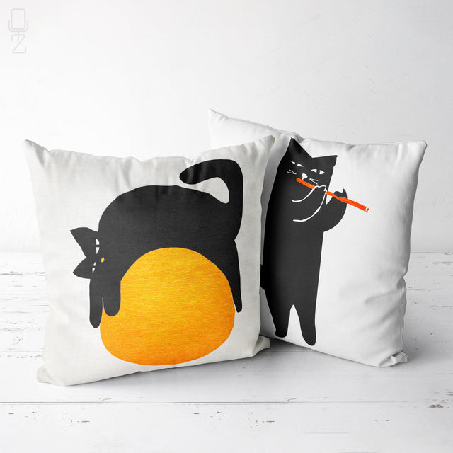 Set of 2 Black Cat Cushion Covers