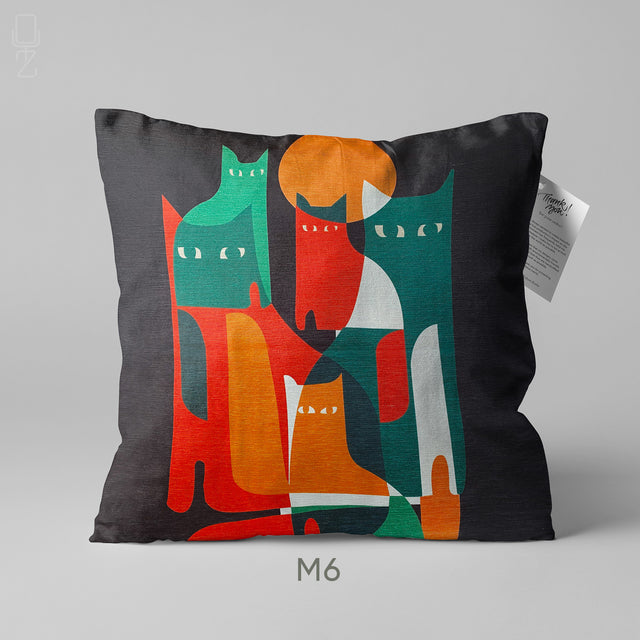 Artistic Cat Illustration Chenille Cushion Cover - 9 Unique Designs