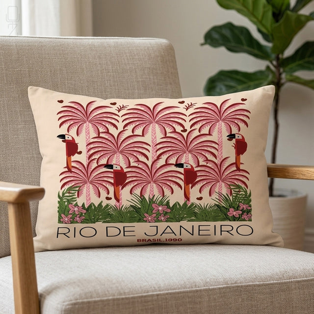 Rio de Janeiro Tropical Cushion Cover – Pink Palm & Parrot Art