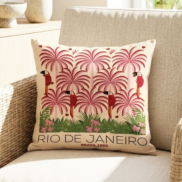Rio de Janeiro Tropical Cushion Cover – Pink Palm & Parrot Art