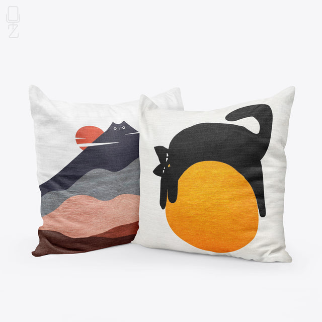 Set of 2 Cushion Covers with Mountain & Black Cat