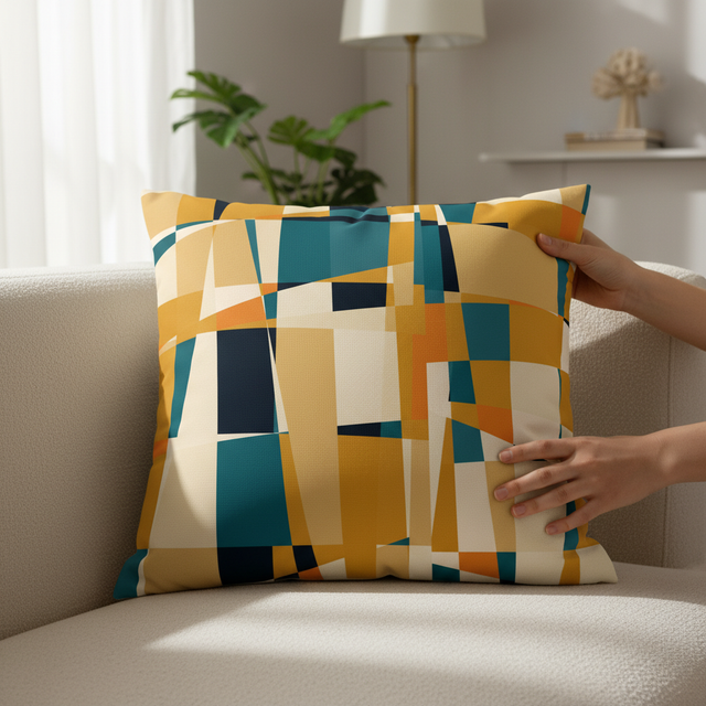 Mustard and teal geometric oblong cushion cover for modern home decor