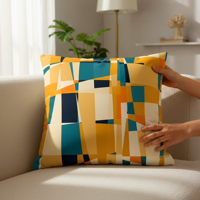Mustard and Teal Geometric Abstract Cushion Cover