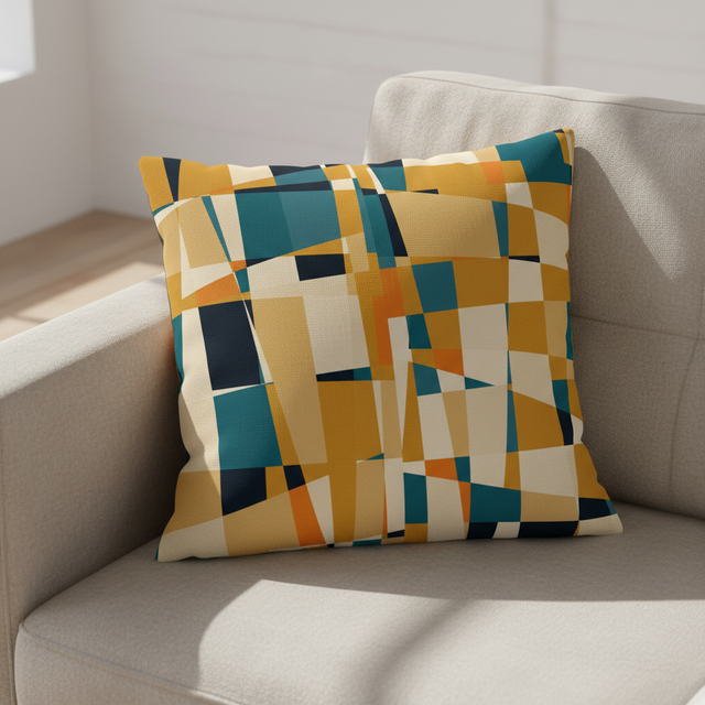 Mustard and Teal Geometric Abstract Cushion Cover