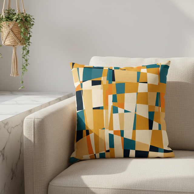 Mustard and Teal Geometric Abstract Cushion Cover