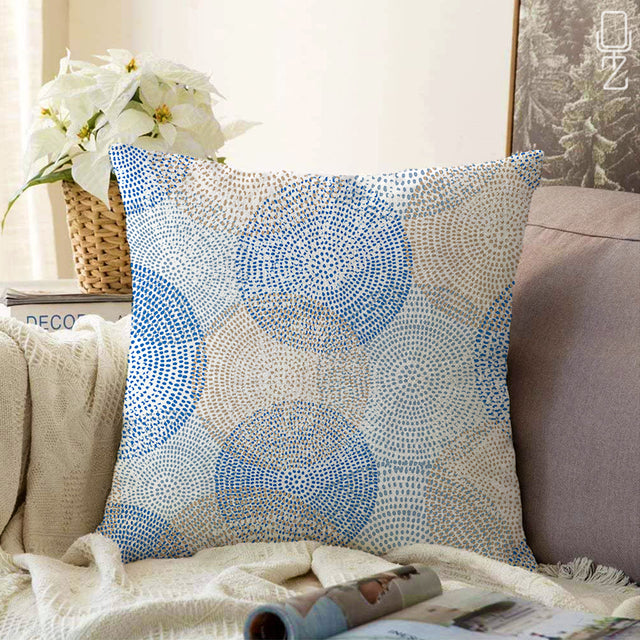 Blue & Beige Cushion Cover with Circular Dots