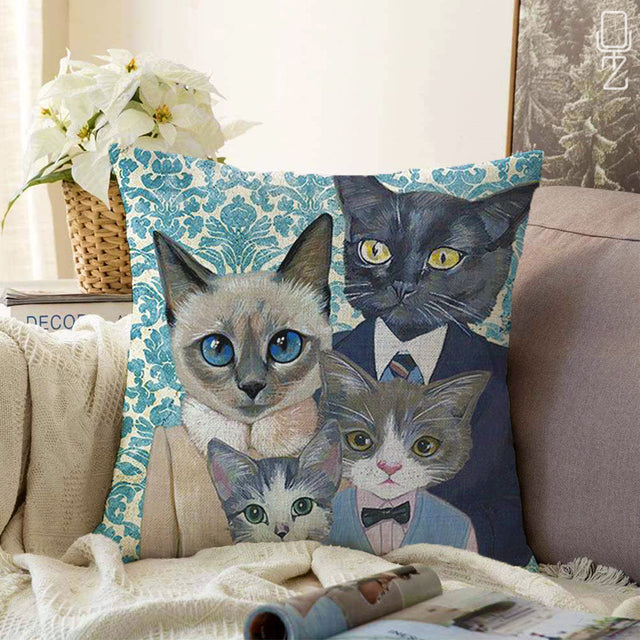 Blue & Green Pillow Cover with Cat Family Design