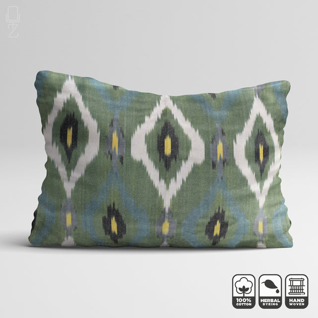 Green Handwoven IKAT Cotton Cushion Cover