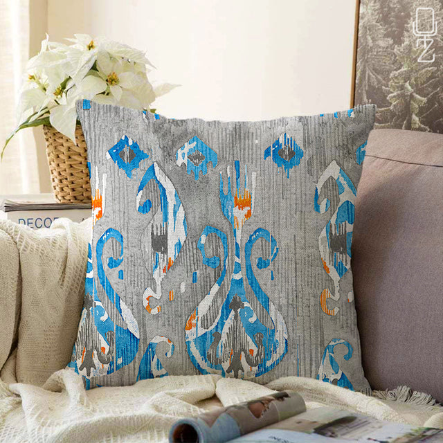 Blue & Grey Printed Ikat Cushion Cover