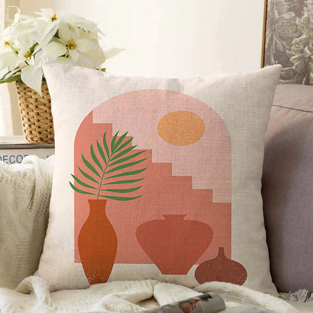 Minimalist Pillow Cover with Vases, Stairs and Sun