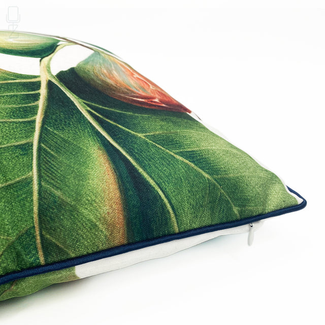 Green Fig Leaves Cushion Cover with Blue Piping