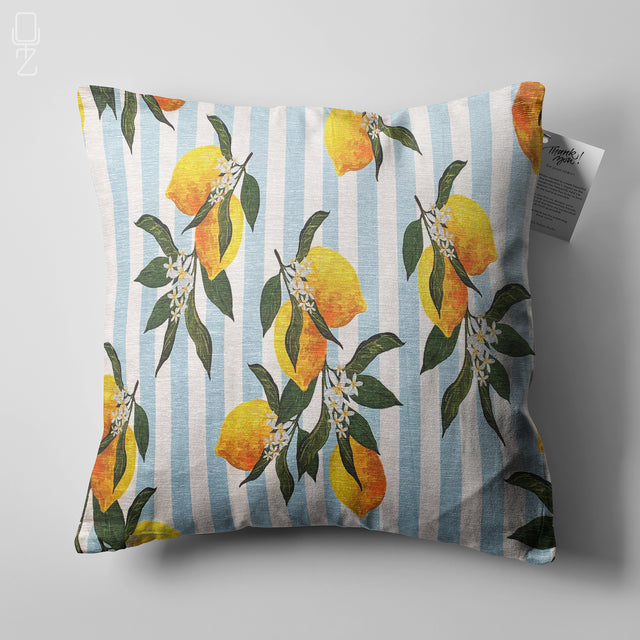Decorative Pillow Cover with Lemons & Blue Striped