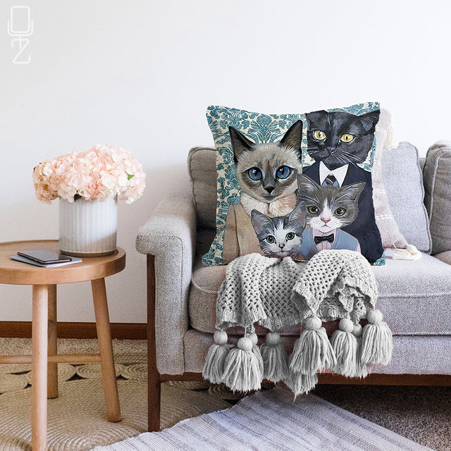 Blue & Green Pillow Cover with Cat Family Design