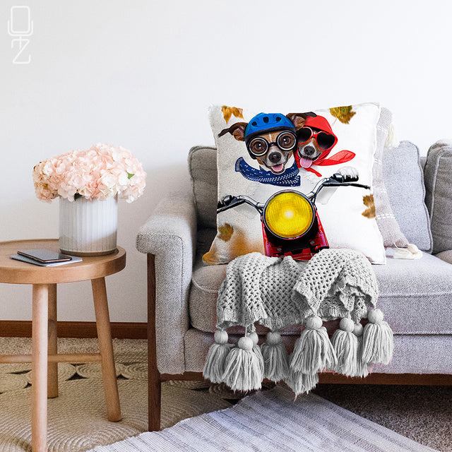 Pillow Cover with Crazy Dogs on Motorcycle