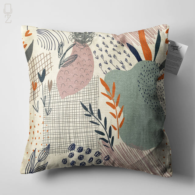 Abstract Cushion Cover with Green, Orange & Ivory