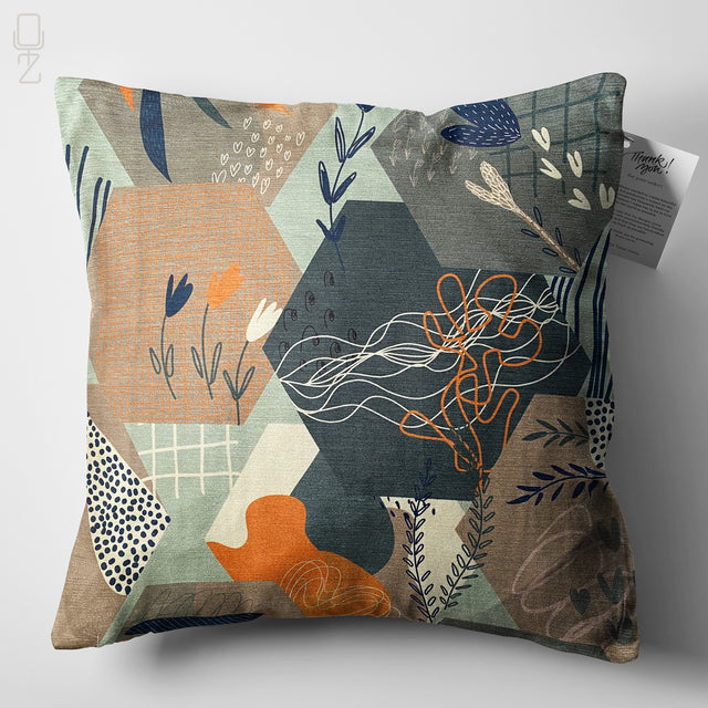 Green & Brown Pillow Cover with Abstract Plants