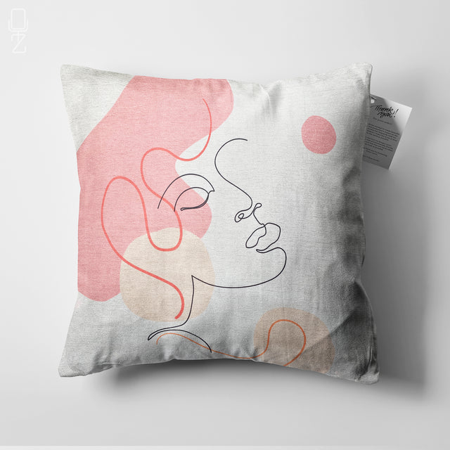 White Pillow Cover with Pink & Ecru Abstract Face