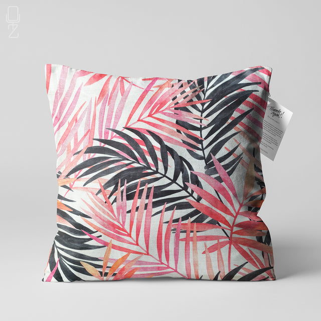 Pink and Black Leaves Cushion Cover