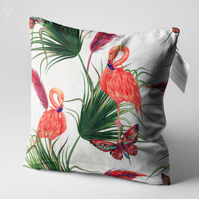 Pillow Cover with Green Leafy & Flamingos