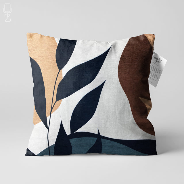 Front view of a leaf theme double sided printed pillowcase in brown, beige, grey, dark blue and white.