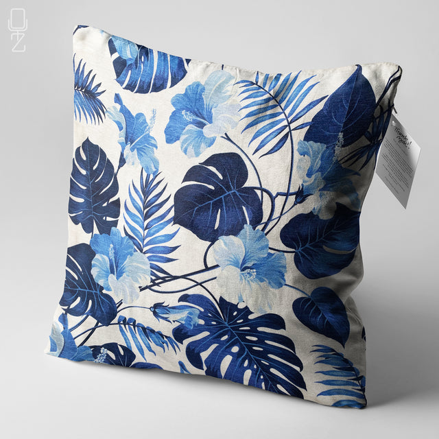 Blue Leaves Tropical Design Cushion Cover
