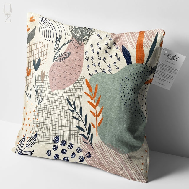 Abstract Cushion Cover with Green, Orange & Ivory