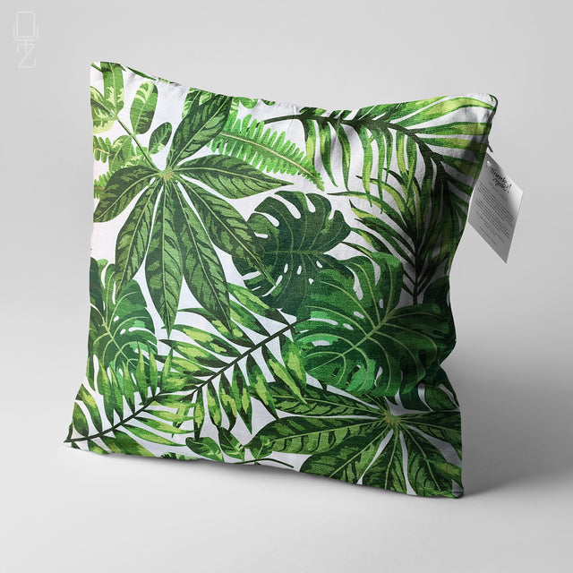 Green Multi-Tropical Leaves Cushion Cover