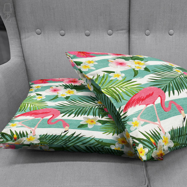 Pink Flamingos & Green Leaves Cushion Cover