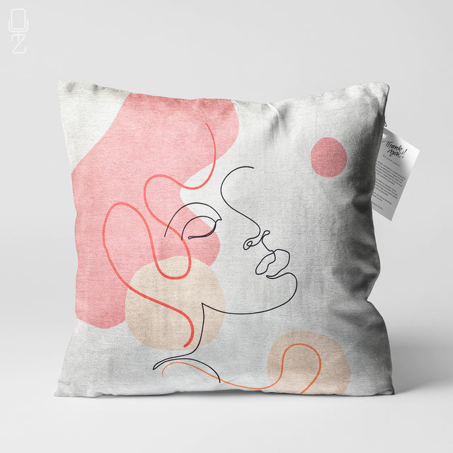 White Pillow Cover with Pink & Ecru Abstract Face