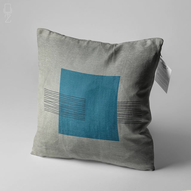 Blue Square & Striped Grey Pillow Cover