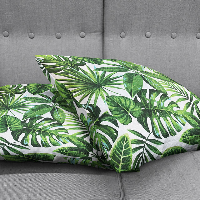Green Cushion Cover with Tropical Leaves