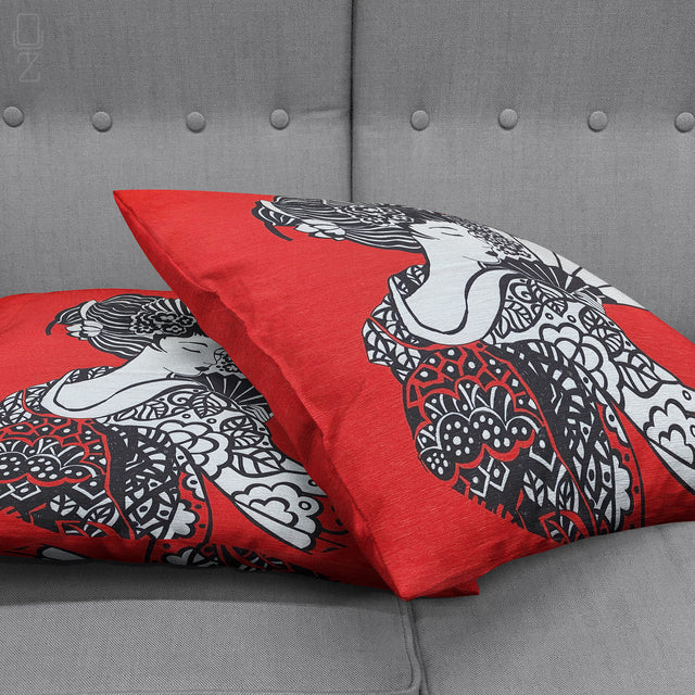 A Japanese Woman Theme Red Cushion Cover