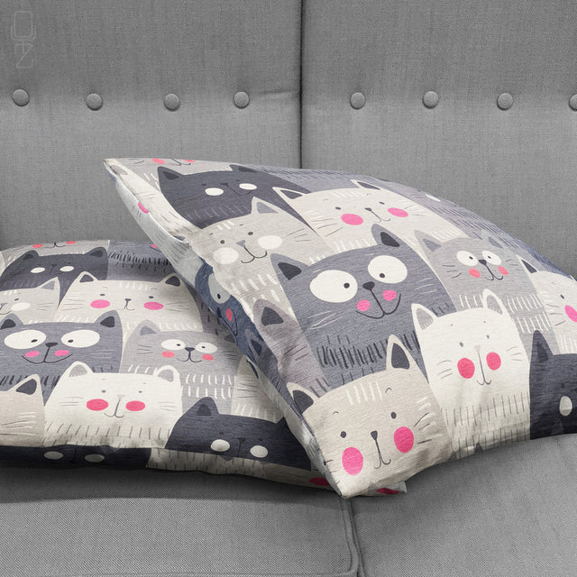 Cute Grey Cats Pillow Covers with Pink Cheeks