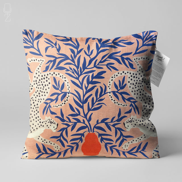 Leopards in Blue Leaves Cushion Cover