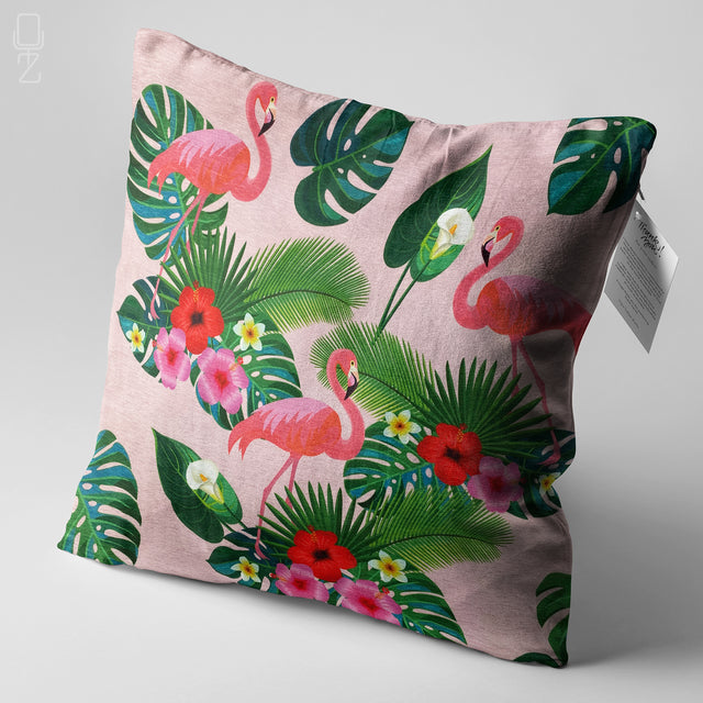 Flamingos & Tropical Leafy Pink Cushion Cover