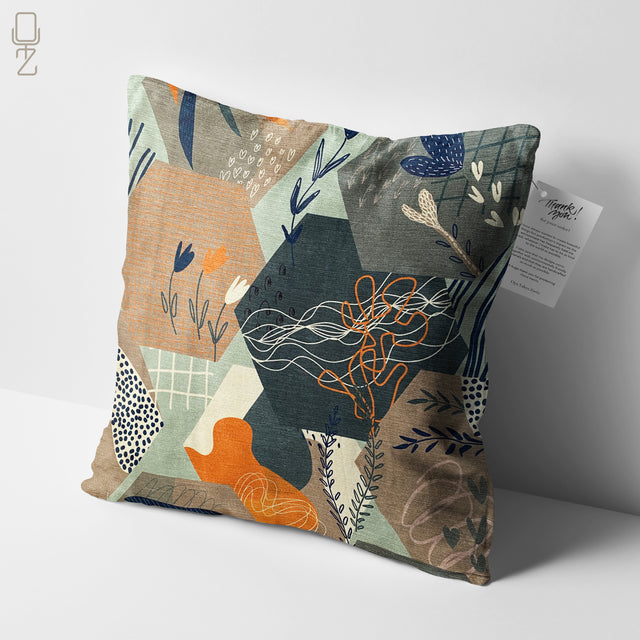 Green & Brown Pillow Cover with Abstract Plants