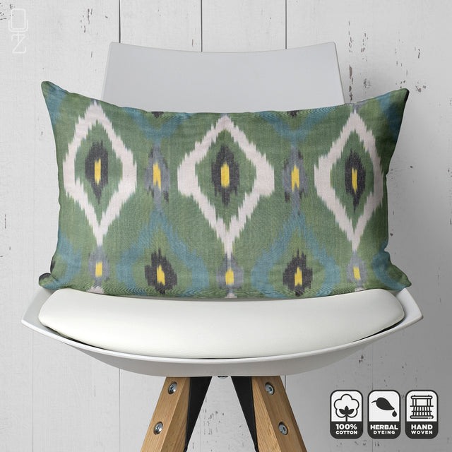 Green Handwoven IKAT Cotton Cushion Cover