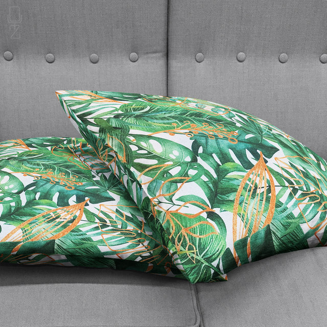 Pillow Cover with Green & Orange Tropical Leaves