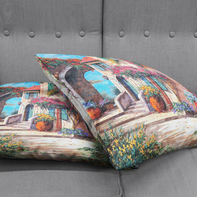 Cushion Cover with Flower Houses Design